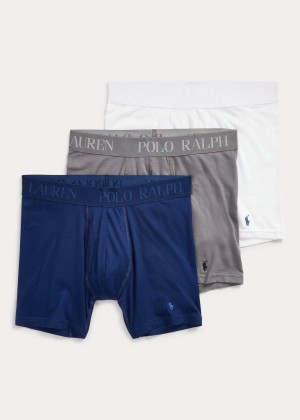 Bielizny Ralph Lauren 4D Flex Boxer Brief 3-Pack Męskie Białe Niebieskie | CLUJ1449