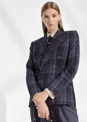 Blezery Ralph Lauren Elias Plaid Wool Jacket Damskie Granatowe Kremowe | HUPX8920