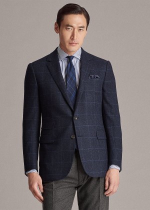 Blezery Ralph Lauren Gregory Plaid Wool Suit Jacket Męskie Granatowe Niebieskie | VGZS8336