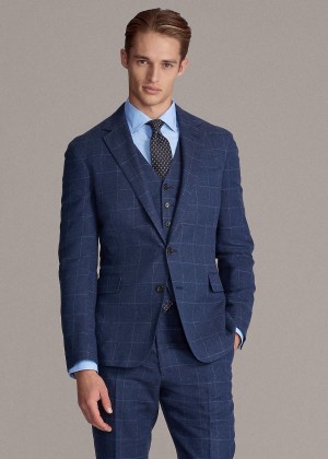 Blezery Ralph Lauren Hadley Windowpane Suit Jacket Męskie Niebieskie Głęboka Niebieskie | HZTD9194