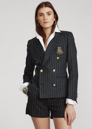 Blezery Ralph Lauren Pinstripe Linen-Blend Blazer Damskie Czarne Kremowe | NAJU1915