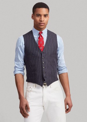 Blezery Ralph Lauren Striped Linen-Wool Vest Męskie Granatowe Kremowe | QJRT7242