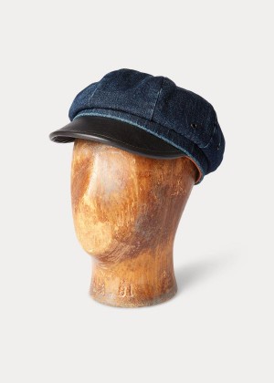 Czapki Ralph Lauren Leather-Denim Motorcycle Cap Męskie Granatowe Niebieskie | ZPHF8570