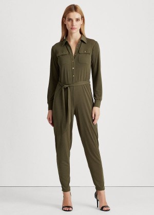 Kombinezony Długi Ralph Lauren Buttoned Jersey Jumpsuit Damskie Ciemny Oliwkowe | XWDT1854