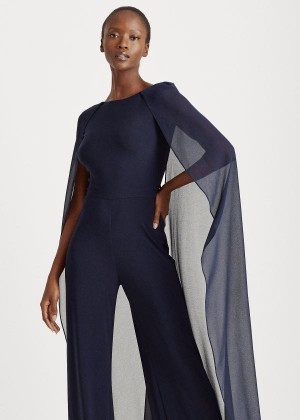 Kombinezony Długi Ralph Lauren Georgette-Cape Jumpsuit Damskie Granatowe | JKQS6823