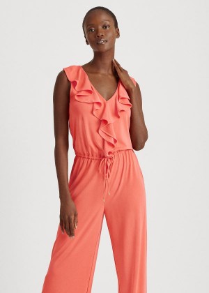 Kombinezony Długi Ralph Lauren Ruffle-Trim Jersey Jumpsuit Damskie Czerwone | DJZB2679