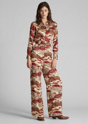 Kombinezony Długi Ralph Lauren Western Silk Jumpsuit Damskie Czerwone Brązowe | CZXZ5092