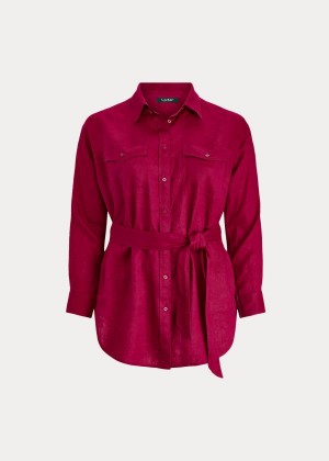 Koszule Ralph Lauren Belted Linen Shirt Damskie Głęboka Fuksja | MQPL4523