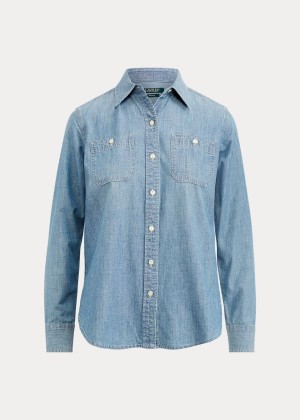 Koszule Ralph Lauren Chambray Button-Down Shirt Damskie Głęboka Niebieskie | BNDL3704