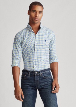 Koszule Ralph Lauren Classic Fit Plaid Poplin Shirt Męskie Niebieskie Żółte Kolorowe | SWMQ0014