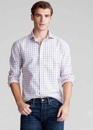 Koszule Ralph Lauren Classic Fit Plaid Poplin Shirt Męskie Pomarańczowe Niebieskie Kolorowe | ZBNR6222