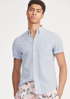 Koszule Ralph Lauren Classic Fit Seersucker Shirt Męskie Głęboka Niebieskie Białe | PQUP0931