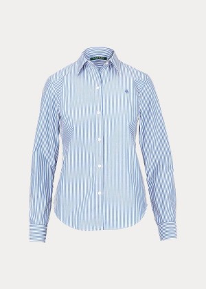 Koszule Ralph Lauren Cotton Button-Down Shirt Damskie Niebieskie Białe | AYEM1600