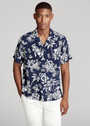 Koszule Ralph Lauren Custom Fit Tropical Bear Shirt Męskie Granatowe Białe | PSZW9000