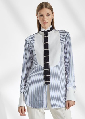 Koszule Ralph Lauren Damien Striped Satin Shirt Damskie Głęboka Niebieskie Białe | BAEP9426