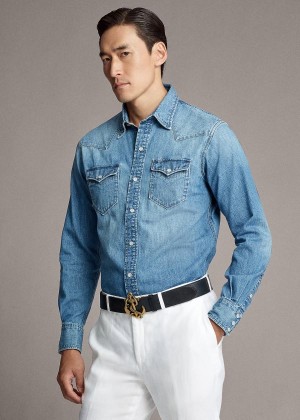 Koszule Ralph Lauren Denim Western Shirt Męskie Niebieskie Indygo | MPOM2428