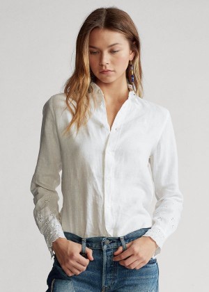 Koszule Ralph Lauren Eyelet Linen Shirt Damskie Białe | AGOX0737