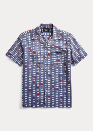 Koszule Ralph Lauren Fish-Print Seersucker Shirt Męskie Niebieskie Czerwone | DIDP5196