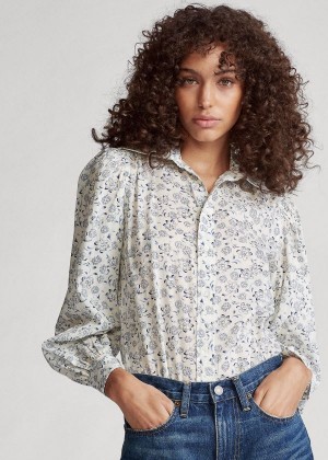 Koszule Ralph Lauren Floral Cotton Shirt Damskie Białe Niebieskie | ILZJ3037