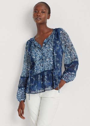 Koszule Ralph Lauren Floral Georgette Peplum Top Damskie Niebieskie Kolorowe | JVKW2032