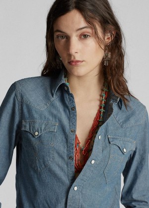 Koszule Ralph Lauren Indigo Chambray Western Shirt Damskie Granatowe Niebieskie | CERM0726