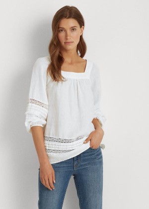 Koszule Ralph Lauren Linen Balloon-Sleeve Top Damskie Białe | DSGX0865