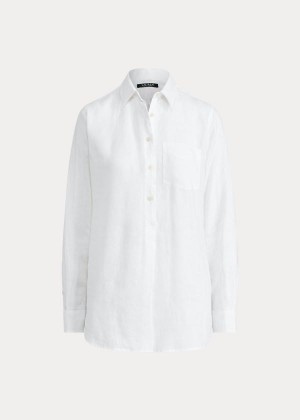 Koszule Ralph Lauren Linen Long-Sleeve Shirt Damskie Białe | XVSN2550