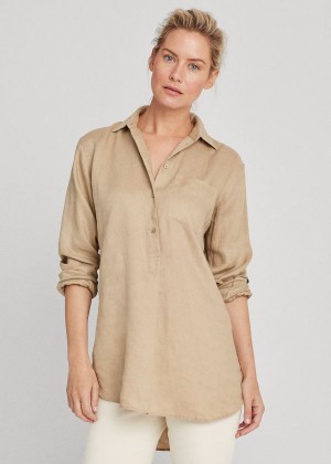 Koszule Ralph Lauren Linen Long-Sleeve Shirt Damskie Khaki | VNCU2850