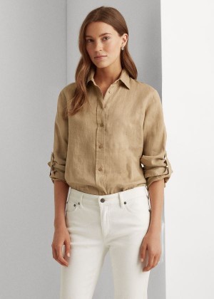 Koszule Ralph Lauren Linen Shirt Damskie Khaki | NJEG0675