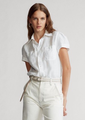 Koszule Ralph Lauren Linen Short-Sleeve Shirt Damskie Białe | TVRB3448