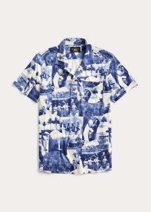 Koszule Ralph Lauren Photo-Print Jersey Camp Shirt Męskie Niebieskie Kremowe | HZKE5786