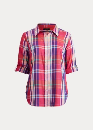 Koszule Ralph Lauren Plaid Cotton Twill Shirt Damskie Różowe Kolorowe | YHPN8748