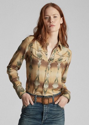 Koszule Ralph Lauren Print Western Shirt Damskie Brązowe Zielone | PMTS2570