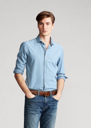 Koszule Ralph Lauren Slim Fit Chambray Shirt Męskie Niebieskie Białe | DOTN0111