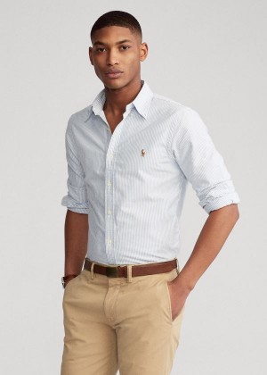 Koszule Ralph Lauren Slim Fit Oxford Shirt Męskie Niebieskie Białe | CFQU2188