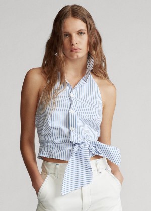 Koszule Ralph Lauren Striped Cotton Halter Top Damskie Białe Niebieskie | VMGJ5383