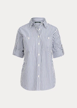 Koszule Ralph Lauren Striped Cotton Pocket Shirt Damskie Białe Indygo | RWJY7106