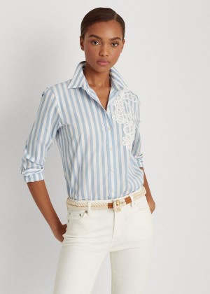 Koszule Ralph Lauren Striped Cotton Shirt Damskie Niebieskie Białe | NWPB8049