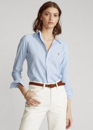 Koszule Ralph Lauren Striped Knit Oxford Shirt Damskie Niebieskie | ZPKT8639