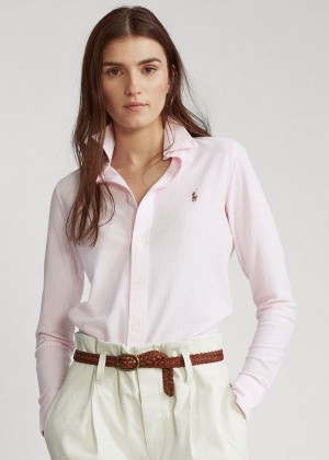 Koszule Ralph Lauren Striped Knit Oxford Shirt Damskie Różowe | VLIZ8546