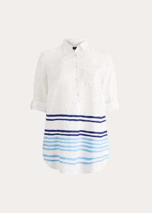 Koszule Ralph Lauren Striped Linen Shirt Damskie Białe Niebieskie Kolorowe | RULW9404