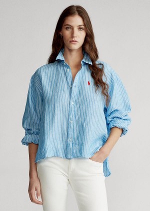 Koszule Ralph Lauren Striped Linen Shirt Damskie Niebieskie Białe | VESO7619