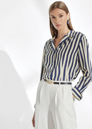 Koszule Ralph Lauren Vanna Striped Silk Shirt Damskie Granatowe Kremowe | IWDN1428