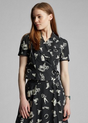 Koszule Ralph Lauren Western-Print Wrap Blouse Damskie Czarne Kremowe | TESD8119