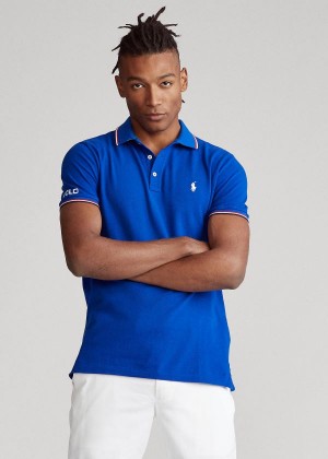 Koszulki Polo Ralph Lauren Custom Slim Fit Mesh Polo Męskie Niebieskie | EQNV7974