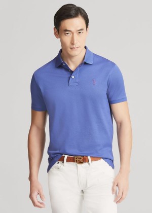 Koszulki Polo Ralph Lauren Custom Slim Fit Piqu? Polo Męskie Niebieskie | KWAD6837