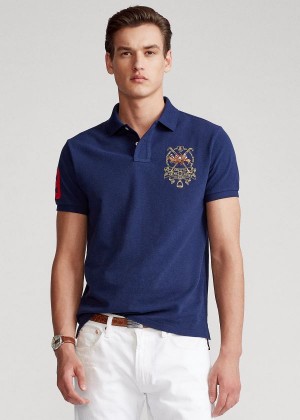 Koszulki Polo Ralph Lauren Custom Slim Triple-Pony Polo Męskie Granatowe | TGIM0570