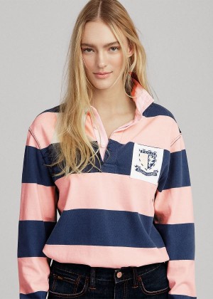 Koszulki Polo Ralph Lauren Pink Pony Jersey Rugby Shirt Damskie Granatowe Różowe | MRZB2900