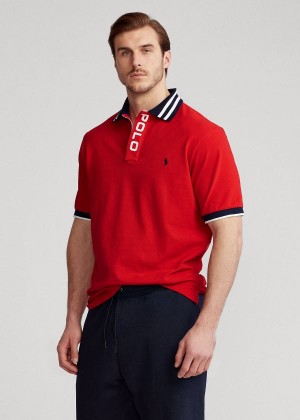 Koszulki Polo Ralph Lauren Striped-Collar Mesh Polo Shirt Męskie Czerwone | DWUV0918