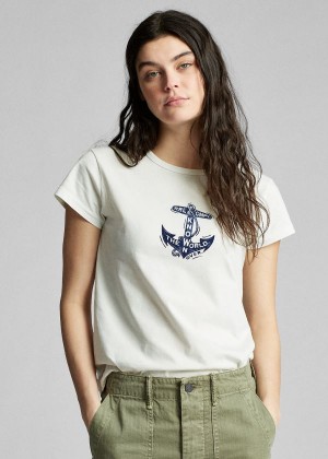 Koszulki Ralph Lauren Anchor-Graphic Cotton Tee Damskie Beżowe | OPCT1631